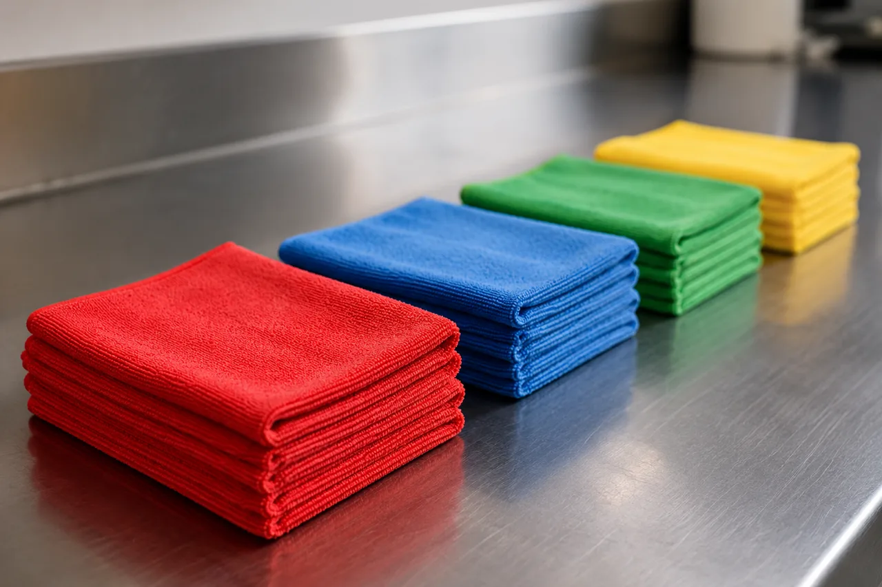 Colour-coded microfibre cloths, one colour per area, stacked on a stainless counter